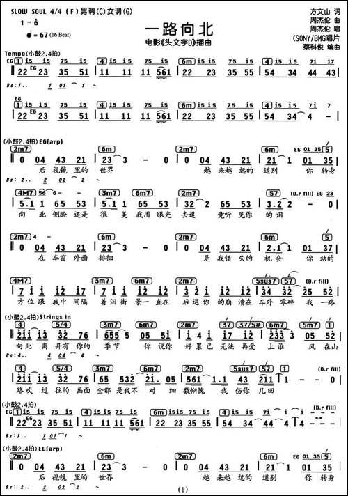 一路向北-电影《头文字D》插曲、编配乐谱