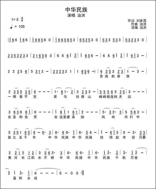 中华民族-刘家昌词-洪治曲、简谱+五线谱