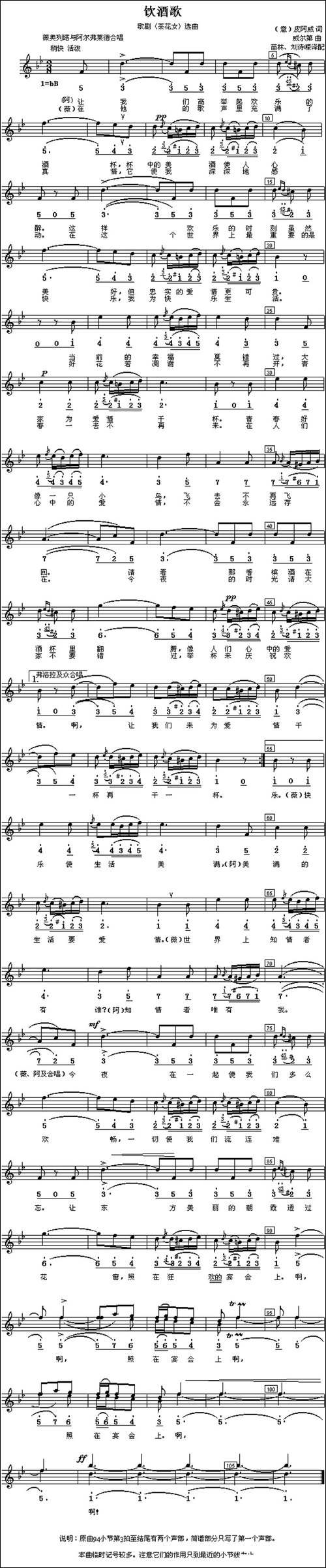 [意]饮酒歌-歌剧《茶花女》选曲、线简谱混排版