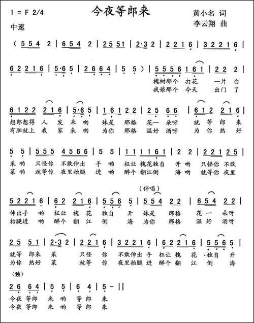 今夜等郎来-黄小名词-李云翔曲
