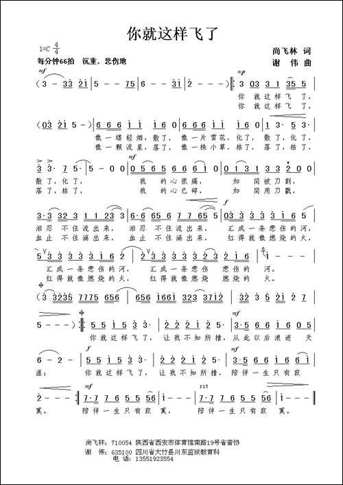 你就这样飞了-尚飞林词-谢伟曲